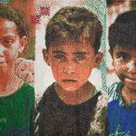 iman-shehaby-children-of-gaza-2025-cross-stitch-on-fabric-80x50-cm-based-on-photographs-by-walaa-alnajjar-left-and-momen-majed-middle-right-photograph-faisal-saleh